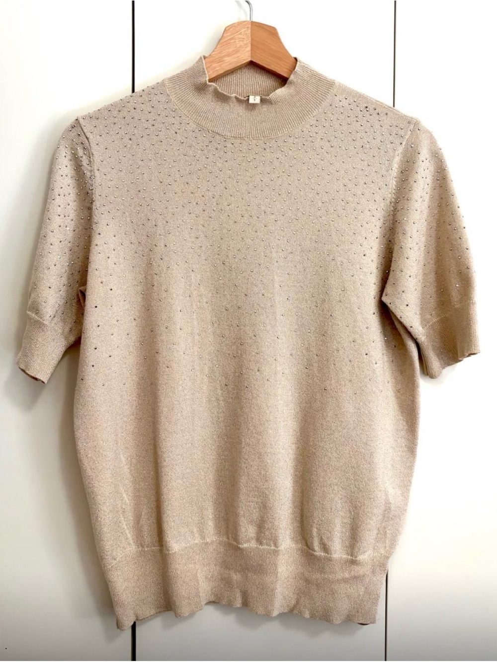 Laura Beige Short-Sleeve Embellished Mock Neck Sweater Top